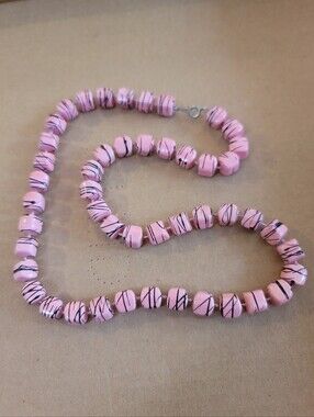 Vintage Mid Century Pink Beaded Necklace with Black Accent Lines - Women Jewelry